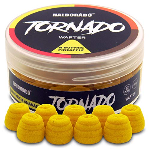 Haldorado Tornado Rauchender Oder Blutender Pellet-Boilie-Köder, Wafters zum Karpfenangeln, Spezielle Form, 100 % Biologisch Abbaubar, 12 mm Breit und 11 mm Lang, N-Butyric+Ananas, Gelb