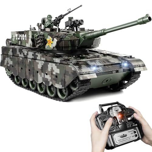 Supdex 1:18 RC Panzer, 2.4GHz Chinese 99 Ferngesteuerter Kampfpanzer, RC Fahrzeug Armee-Spielzeug mit Legierungsmetall-Ketten und Airsoft-BBS, Licht, Sound und Rauchfunktion für Kinder und Erwachsene