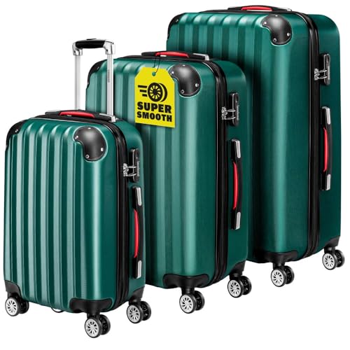 Monzana® 3tlg. Kofferset Hartschalen Koffer M-L-XL Gel-Griffe 4 Rollen Kantenschutz Schloss Standfüße Trolley Rollkoffer Reisekoffer Grün