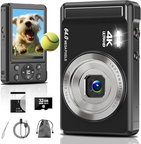 4K Digitalkamera,2.8 Zoll 64MP UHD Fotokamera mit 32-GB-Karte, 1200mAh Akku, 16-facher Digitalzoom Autofokus Kompaktkamera für Kinder Anfänger Teenager