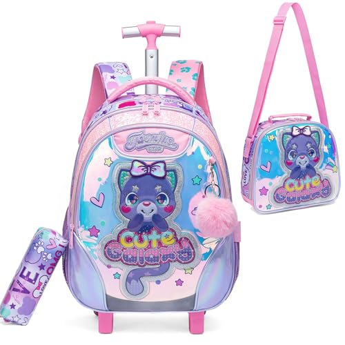 HTgroce Trolley Rucksack Mit Rollen, Federmäppchen, Lunch Tasche Niedlich Rolling Schulranzen für Mädchen, Schultaschen Trolley Sets ab 7 Jahren