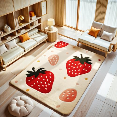 Tospass Kinderteppich Erdbeere Waschbarer Weicher Kunstwolle Kinderzimmer Teppich Mädchen Muster Pastell Kurzflor rutschfest Wohnzimmer Spielteppich, 160x230 cm