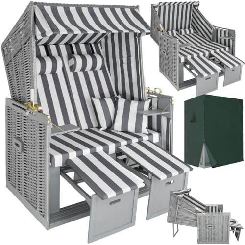 tectake® Strandkorb, Strandkorb Ostsee 2-Sitzer, verstellbare Rückenlehne, Volllieger mit Fußbänkchen und Seitentische, inkl. Schutzhülle & Kissen, Ideal für Balkon, Garten und Terrasse - grau/weiß