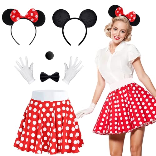 iLuane Rock Punkte Rot Weiß Karneval Kostüm Damen Maus Mouse Kostüm Rot Weiß Schwarz mit Tutu Gepunktet + Haarreifen mit Maus Ohren und Schleife für Fasching Karneval Motto Party