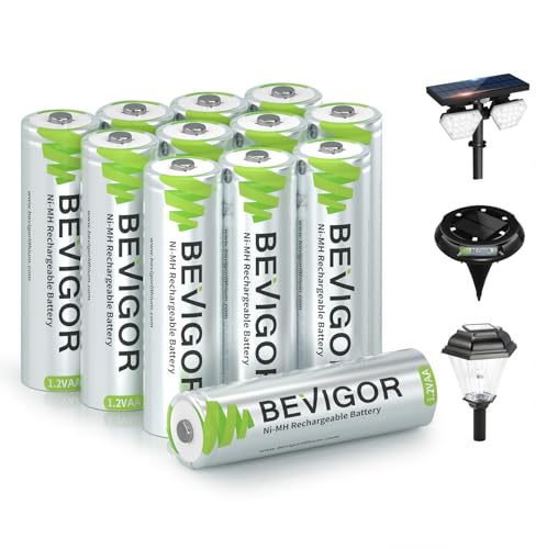 BEVIGOR 12 Stück 1000mAh 1.2V wiederaufladbare Solar-Batterien, leistungsstarke AA NI-MH-Akkus, geeignet für Außen-Solarleuchten, Lichterketten
