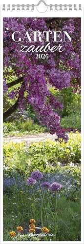 Alpha Edition - Gartenzauber Kalender 2026 – Streifenkalender 15×42 cm mit Gartenmotiven & Platz für Notizen, dekorativer Wandkalender und praktischer Terminplaner für Blumenliebhaber & Gartenfreunde