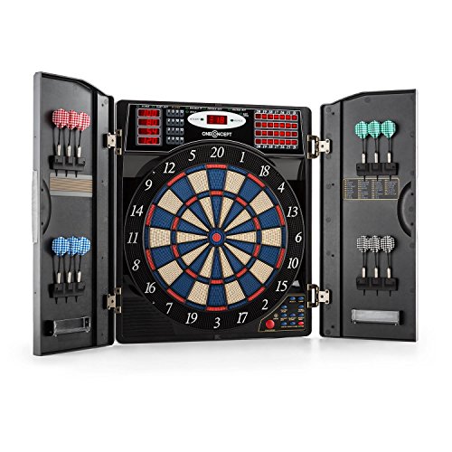 OneConcept Masterdarter - Dartautomat elektronisch, Dartboard, E-Darts, Dartautomat mit Spielcomputer, 38 Verschiedene Spiele, 211 Spielvarianten, bis zu 16 Spieler, virtueller Gegner, schwarz