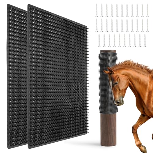 Perttypet Kratzmatte für Pferde 2 Stück, kratzbürste Pferd mit 32 Heringen für Säulen- oder Wandmontage，Fellpflege- und Kratzmatten für Rinder, Ziegen, Schafe，Kuhbürste im Stall （schwarz, 30 x36 cm