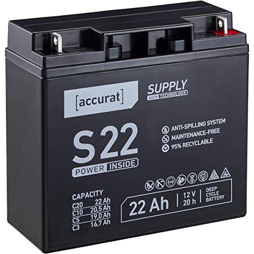 Accurat Supply AGM Solarbatterie S22-12V, 22Ah, 30% mehr Kapazität, zyklenfest- VRLA Versorgungsbatterie, Aufbaubatterie Wohnmobil, Wohnwagen Batterie, Bootsbatterie, Bleiakku für Camping