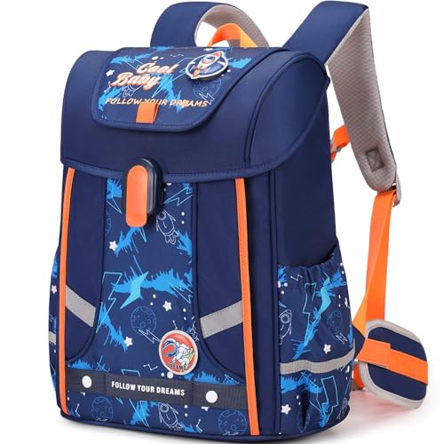 Amythe Schulrucksack Jungen Ergonomisch 1-4. Klasse mit Brustgurt, 2025 Kinderrucksack Schule 6-10 Jahre Schulranzen mit Abnehmbarer Gürtel und Reflektierend-Blau