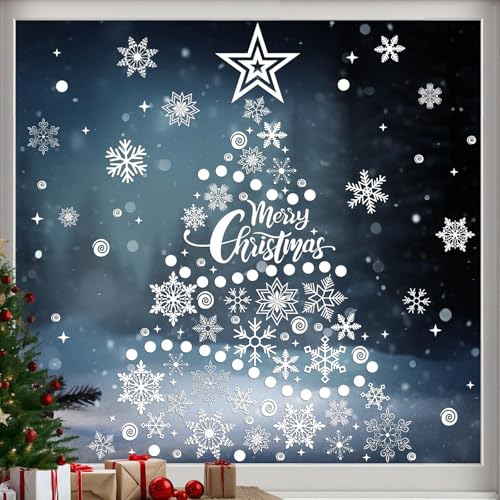 AMLOOPH Weihnachtsdeko Fenster Schneeflocken, 230Stück Weiß Schneeflocken Deko Fensterbilder Weihnachten, Wiederverwendbare PVC Fensterdeko Winterdeko Innen, Statische Weihnachtsaufkleber Ohne Kleber