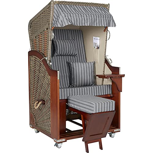 Webavita Strandkorb Mallorca aus Pinienholz | 1-Sitzer | Montiert | Geflecht Grau Bezug Anthrazit Gestreift | Halblieger | Beach Chair für den Garten Terrasse Balkon