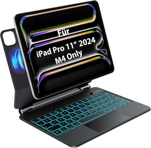 OMOTON Für iPad Pro 11 (M4,2024) Tastatur mit Hülle, Kabellos Beleuchtete Tastatur QWERTZ mit Multi-Touch-Trackpad, 7 Lichter Bluetooth Magic Keyboard für Apple iPad, DE Layout- Schwarz