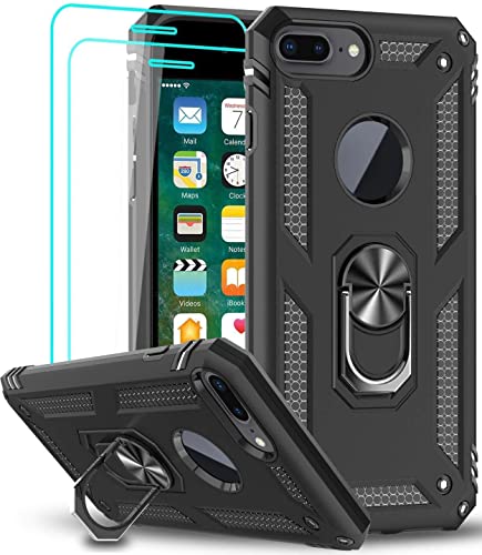 LeYi Hülle für iPhone 8 Plus/7 Plus/iPhone 6s Plus/6 Plus Handyhülle und 2*Panzerglas Schutzfolie,360 Grad Ringhalter Cover Stoßfest TPU Bumper Schutzhülle Case Handy Hüllen Schwarz