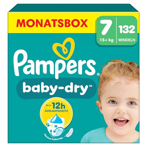 Pampers Baby-Dry Größe 7, 132 Windeln, 15kg+, Bis zu 100% Auslaufschutz & Komfort die ganze Nacht