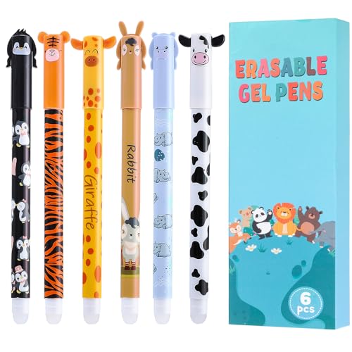Thboxes 6 Stück Radierbarer Kugelschreiber, 0,5mm, Gelstifte mit Tiermotiven, Farbtinte Tintenroller, Ideal als Geschenk zu Valentinstag, Ostern, Einschulung, für Schule & Bürobedarf