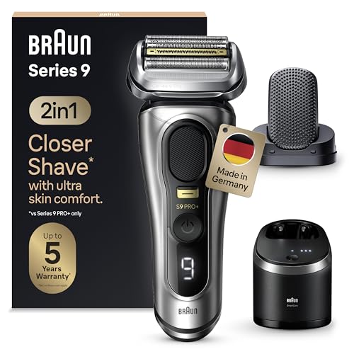 Braun Series 9 Pro+ Rasierer Herren Elektrisch, Elektrorasierer mit 5 Rasierelementen, ProComfort Aufsatz, Rasierapparat, 2-in-1-System, Reinigungsstation, 60 Min Akku, Made in Germany, 9597cc, Silber