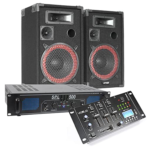MAX DJ Komplettset - Lautsprecher Set 500 Watt mit Verstärker DJ Mixer und Audio Kabeln, DJ Boxen Set, Musikboxen, Sound Anlage, DJ Anlage, PA Anlage, PA Boxen, PA Speaker Set