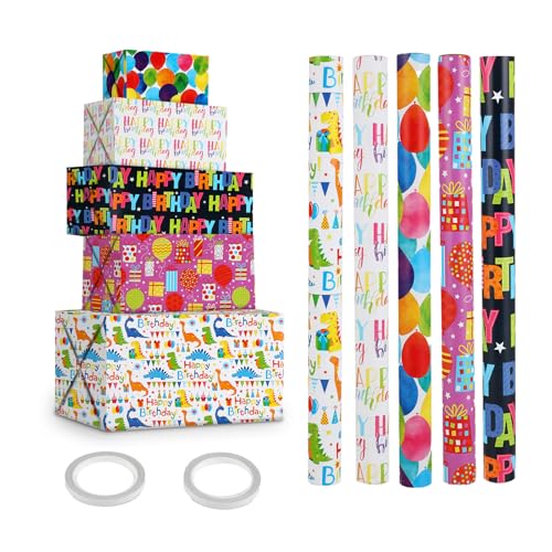 (5 Rollen) Geschenkpapier geburtstag – 43 cm x 300 cm, ideales geschenkpapier kinder jungen, Recycelbares geschenkpapier rolle Erwachsene, für alle Geburtstagsfeiern und Anlässe.
