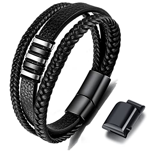 Gkmamrg Geschenk für Männer - Herren Armband - Lerderarmband - Leder Armreif schwarz - geflochten Echtleder Breites Wickelarmband mit Magnet Verschluss