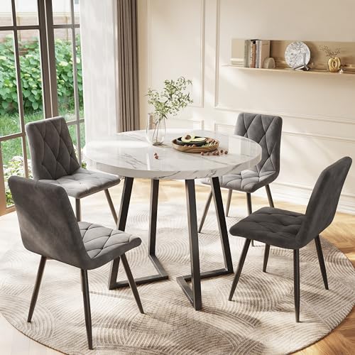Merax Esstisch Rund, Marmormuster Esstisch, für 2-4 Personen, Metallrahmen, verstellbareTischbeine, Industrie-Design, geeignet für Restaurant,Wohnzimmer,Küche,Esszimmer, Weiß/Schwarz, 80x80x75 cm