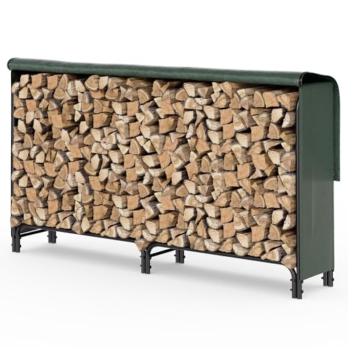VOUNOT Kaminholzregal Aussen Metall, Brennholzregal Außen, Feuerholzregal Outdoor mit wasserdichte Abdeckung, 200 x 116 x 36 cm