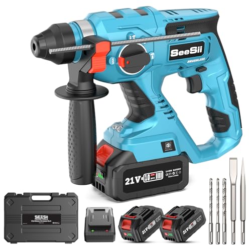 Seesii 4-IN-1 Akku Bohrhammer Set: Schlagbohrmaschine 2.1 J, Bürstenloser Motor, Anti-Vibrationsgriff, LED-Licht, mit 2 * 4.0Ah Akkus & Ladegerät, 3 Bohrer SDS-Plus & 2 Meißel im Handwerkerkoffer
