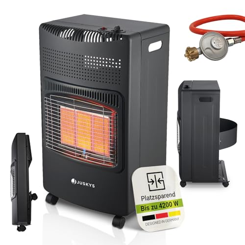 Juskys Keramik Gasheizung GS42US in Schwarz - 4200 W mit Druckregler & Schlauch - Mobil, effizient & energiesparend - Gasheizer Gasheizofen Gasheizgerät