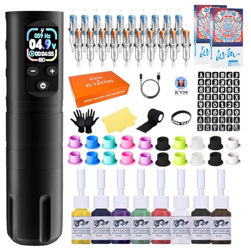 KVM Wireless OLED Tattoo Pen Set, Tattoo-Nadelkartusche Wireless Rotary Tattoo Gun Set 1600mAh Enthält 57 Tattoo-Zubehörteile Geeignet für Anfänger oder professionelle Tattoo-Künstler