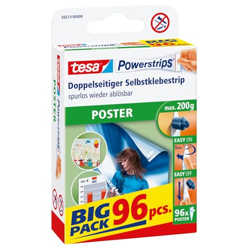 tesa Powerstrips POSTER Big Pack - Doppelseitige Klebestreifen für Poster und Plakate - Selbstklebend und spurlos wieder ablösbar - Bis zu 200 g Halteleistung - 96 Stück