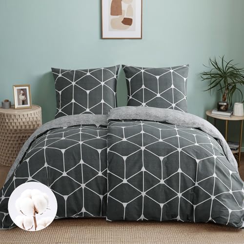 RUIKASI Bettwäsche 135x200 Baumwolle 4teilig Anthrazit - Baumwollbettwäsche 135 x 200 4tlg mit Geometrie Muster, Bettbezug Set 4 teilig Cotton mit Reißverschluss