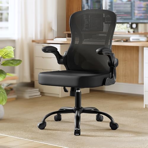 SONGMICS Bürostuhl ergonomisch, Drehstuhl mit Netzgewebe, Schreibtischstuhl mit Lendenstütze, Wippfunktion, klappbare Armlehnen, für Arbeitszimmer, Schlafzimmer, tintenschwarz OBN042BH02