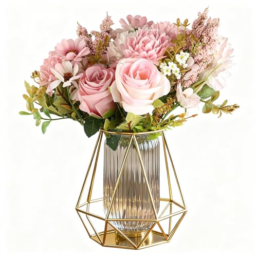 2 Bündel Künstlicher Blumenstrauß, 33cm Rosen Pfingstrosen Künstliche Blumensträuße, Fake Blumenstrauß, Brautstrauß Kunstblumenstrauß, Seidenblumen Wie Echt für Hochzeit küche Heim Dekoblumen