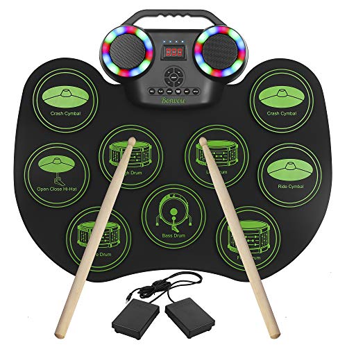 E-Drum Kit, Bonvvie tragbare wiederaufladbare digitale Rollentrommel von mit 9 Pads, MIDI, DTC, eingebauten Lautsprechern, ideal für Kinder, Studenten, Anfänger, Enthusiasten (G6001)