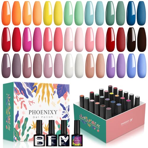 U V Nagellack, Phoenixy 24Pcs 7ml 21 Farben U V Nagellack Set mit Unterlack und Überlack, Gel Nägel Set Kit Uñas Semipermanentes Esmalte para Manicura