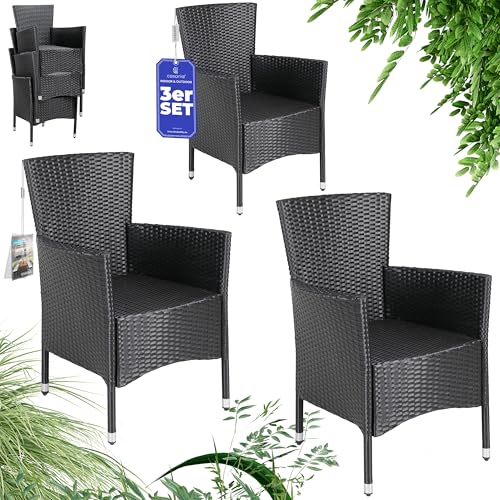 Casaria® Gartenstühle 3er Set Stapelbar Polyrattan Wetterfest Stapelstuhl Outdoor Verstellbar 160 kg Belastbarkeit Garten Terrasse Balkon Sessel Stuhl