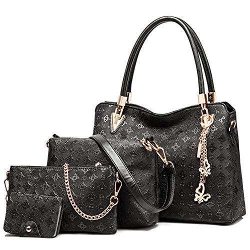 FiveloveTwo Damen Umhängetasche Schultertasche Henkeltaschen Quaste Drucken Handtasche 4-teiliges Set Geldbörse Shopper Taschen Clutches Kartenhalter Brieftasche Schwarz