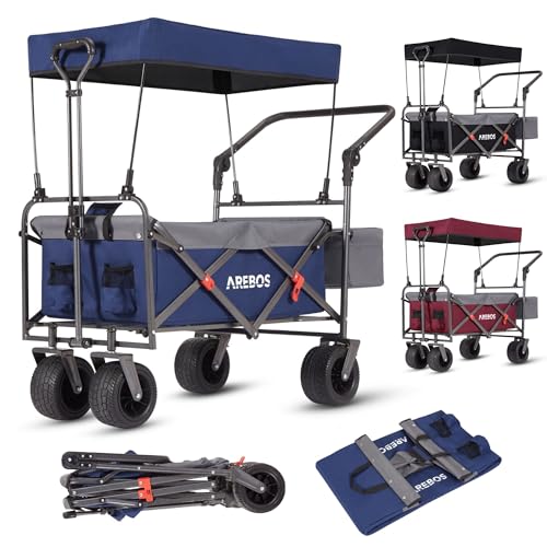 Arebos Bollerwagen faltbar mit Dach | Luxus Handwagen | Faltwagen | Transportwagen | XXL Tasche | klappbar | bis 100 kg | Gerätewagen | 360° Vorderräder | Blau