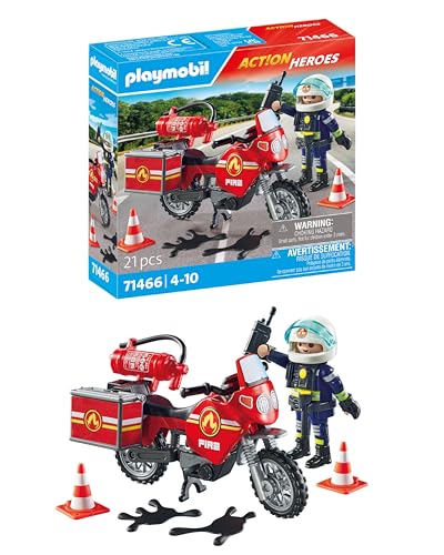 PLAYMOBIL Action Heroes 71466 Feuerwehrmotorrad am Unfallort, rasante Fahrt zum Einsatz, mit vielfältigem Zubehör wie Funkgerät und Feuerlöscher, realitätsnahes Spielzeug für Kinder ab 4 Jahren
