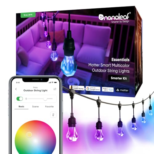 Nanoleaf Smart LED Lichterkette Außen 15m Starter Kit - 20 dimmbare RGBICW Gem Glühbirnen, IP65 wasserdicht, WLAN Kontrolle mit App und Stimme (Matter Alexa Siri Apple Google Home) Balkon Garten Party