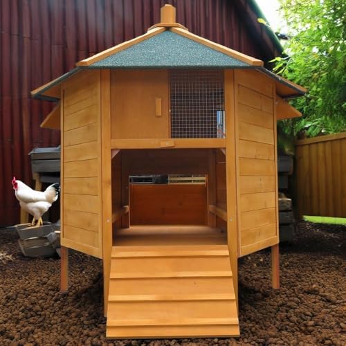 Mucola Hühnerhaus mit Nestbox, Rampe und Hühnerstangen Hühnerstall 6-Eck Pavillion 131x125 cm Gefügelstall Kleintierstall Legenester Hühnervoliere | für 5-8 Hühner |