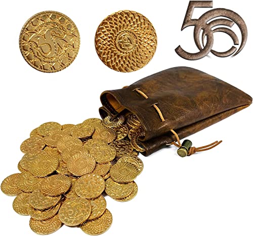 Byhoo DND-Metall-Goldmünzen und Lederbeutel, 50 Münzen, für Dungeon and Dragon, Tisch-RPG-Brettspiele, Schatzmünzen für Partys, Brettspiel-Zubehör, Zubehör für Mittelalter-Spiele, Retro-Requisiten