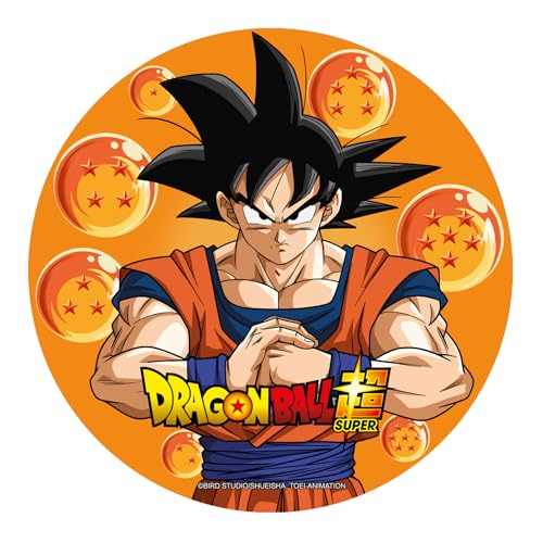 Dekora, Essbare Dragon Ball-Tortenaufleger, Kuchendekoration für Kindergeburtstag, Son Goku-Design, Tortendeko für Kuchen und Desserts, Runder Cake Topper Ø 20 cm