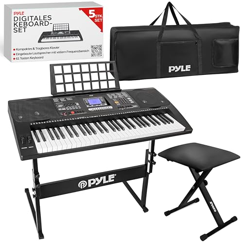 Pyle Keyboard, E Piano- 61 Tasten, Digitalpiano- mit Klavierhocker, Keyboardständer, Notenständer & Keyboardtasche, Piano- mit USB, MIC, AUX & Kopfhörer Anschluss & LED Bildschirm, Ideal für Anfänger