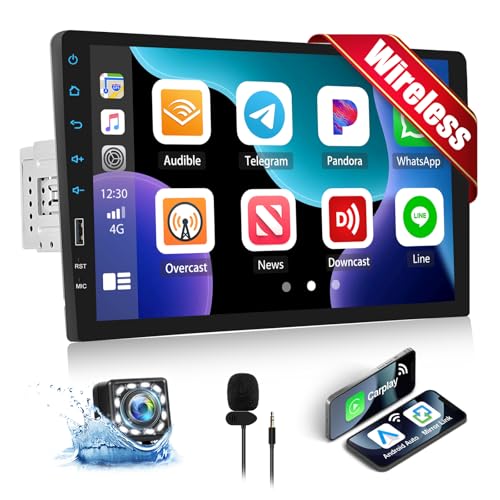 CAMECHO Autoradio 1 Din mit Wireless Carplay Android Auto 9 Zoll Bildschirm Bluetooth Radio Touch Display mit Rückfahrkamera Mirror Link FM SWC USB Lenkradsteuerung