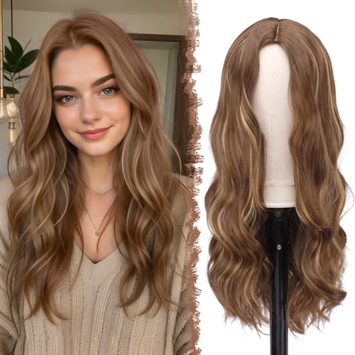 FESHFEN Lange Lockige Braun Gemischt Blond Perücke, 60 cm Mittelscheitel Frauen Perücken Natürlich synthetische Perücken Damen Locken Wavy Wig für Party Täglich Long Wavy Wig