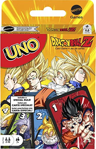 Mattel Games UNO Dragon Ball Z-Kartenspiel für den Familienabend mit Grafiken zum Thema TV-Show und einer Sonderregel für 2–10 Spieler