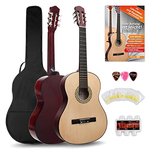 Classic Cantabile AS-851 4/4 Konzertgitarre Starter Set (Komplettes Anfänger Set mit Klassik Gitarre, Gigbag Tasche, Nylonsaiten, Lehrbuch/Schule, 3x Plektren und Stimmpfeife)