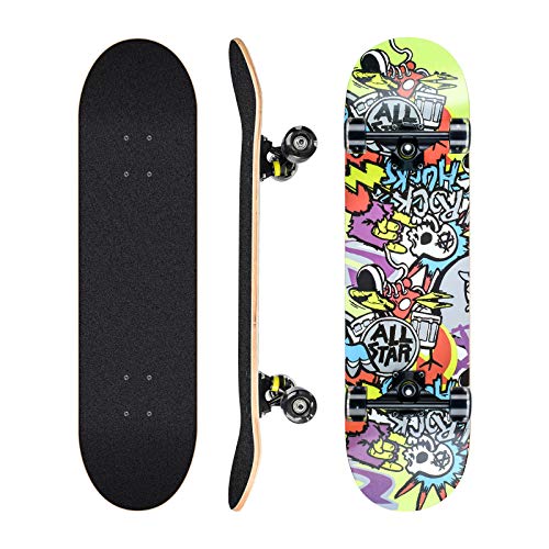 Complete Skateboard, 78.7 x 20.3 cm, ABEC-11 Gleitläufer, 8-Lagertesjesen Eiche, PU-Radflashing, für Kinder, Jugendliche und Erwachsene (weiß-123)