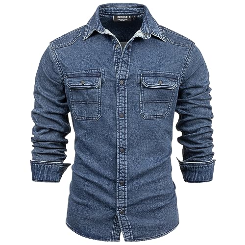 Indicode Herrenhemd - Modell Cash- 84% Baumwolle- Jeansoptik – Vintage Hemd Cargo Langarm-Hemd für Männer - Hoher (L, Dark Navy)